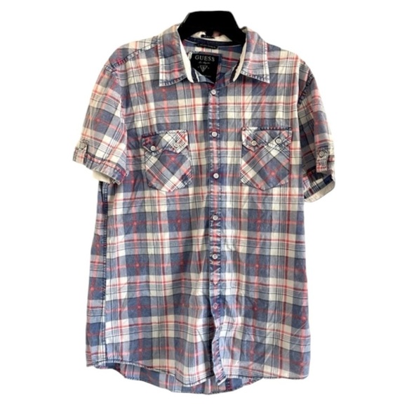 GUESS (Los Angeles) Men’s Blue/Red Plaid Button‎ Up Two Pocket Shirt-Size L - Picture 1 of 4